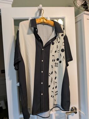 Hawalili Mens 4XL Bowling Shirt Music Notes Retro 1950s Rockabilly Black Cream
